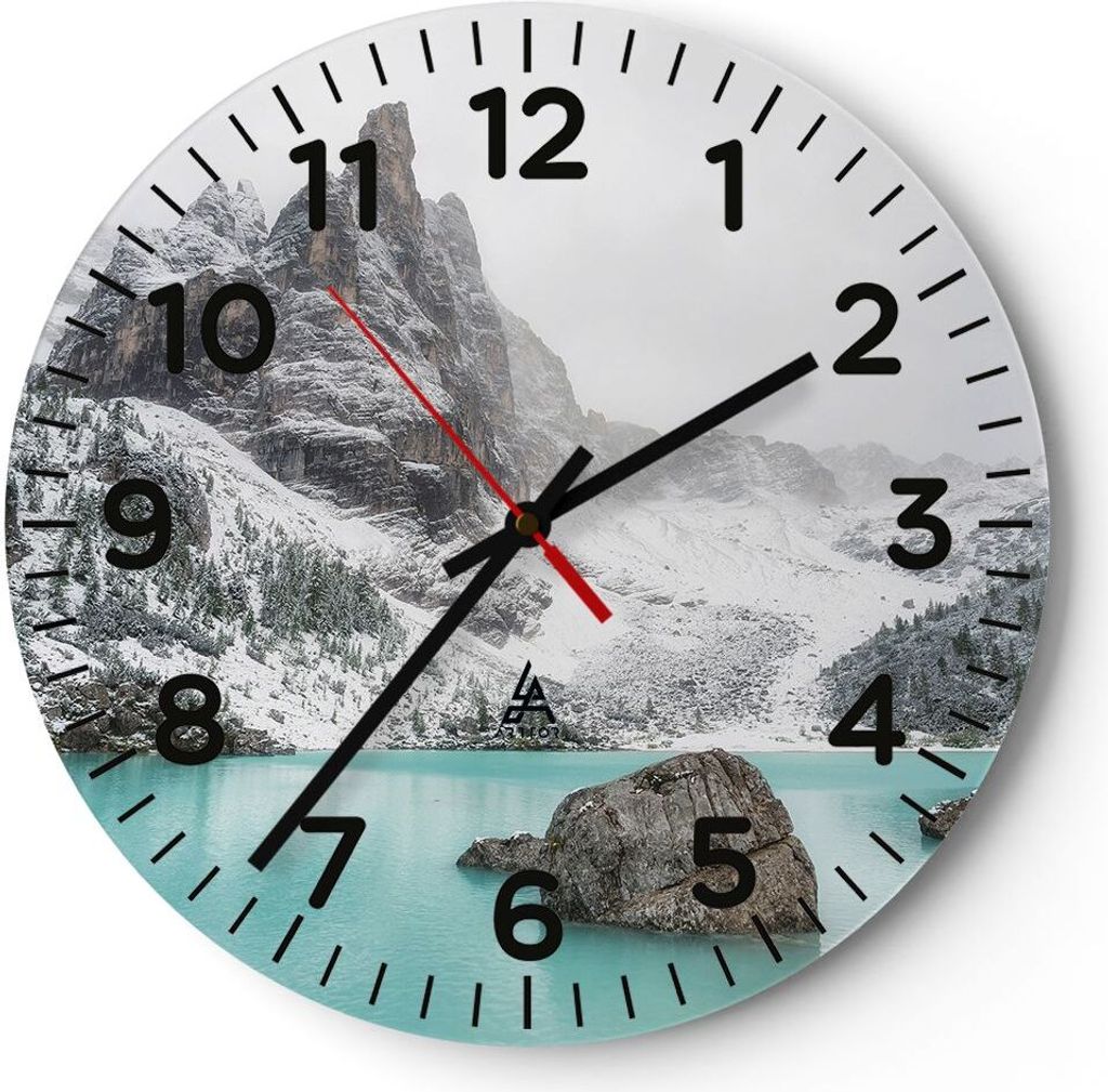 Wanduhr - Rund - Glasuhr - Berge See Schnee - 40x40cm - Schleichendes Uhrwerk - Lautlos - zum Aufhängen bereit - Dekoration Modern - Wanddekoratio...