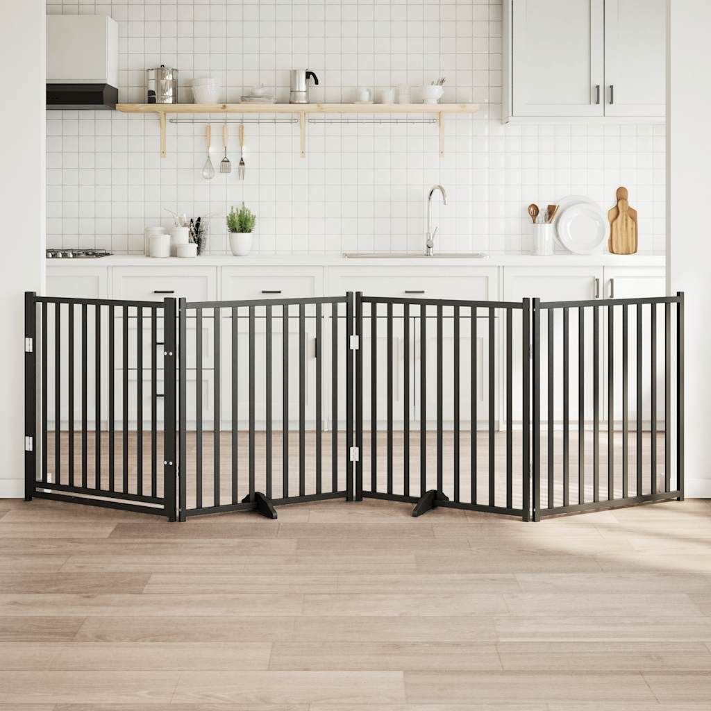 (Robust Möbel)4-tlg. Hundetor mit Tür Faltbar Schwarz 320cm Massivholz Tanne DE267541 - Sonstiges Hundezubehör