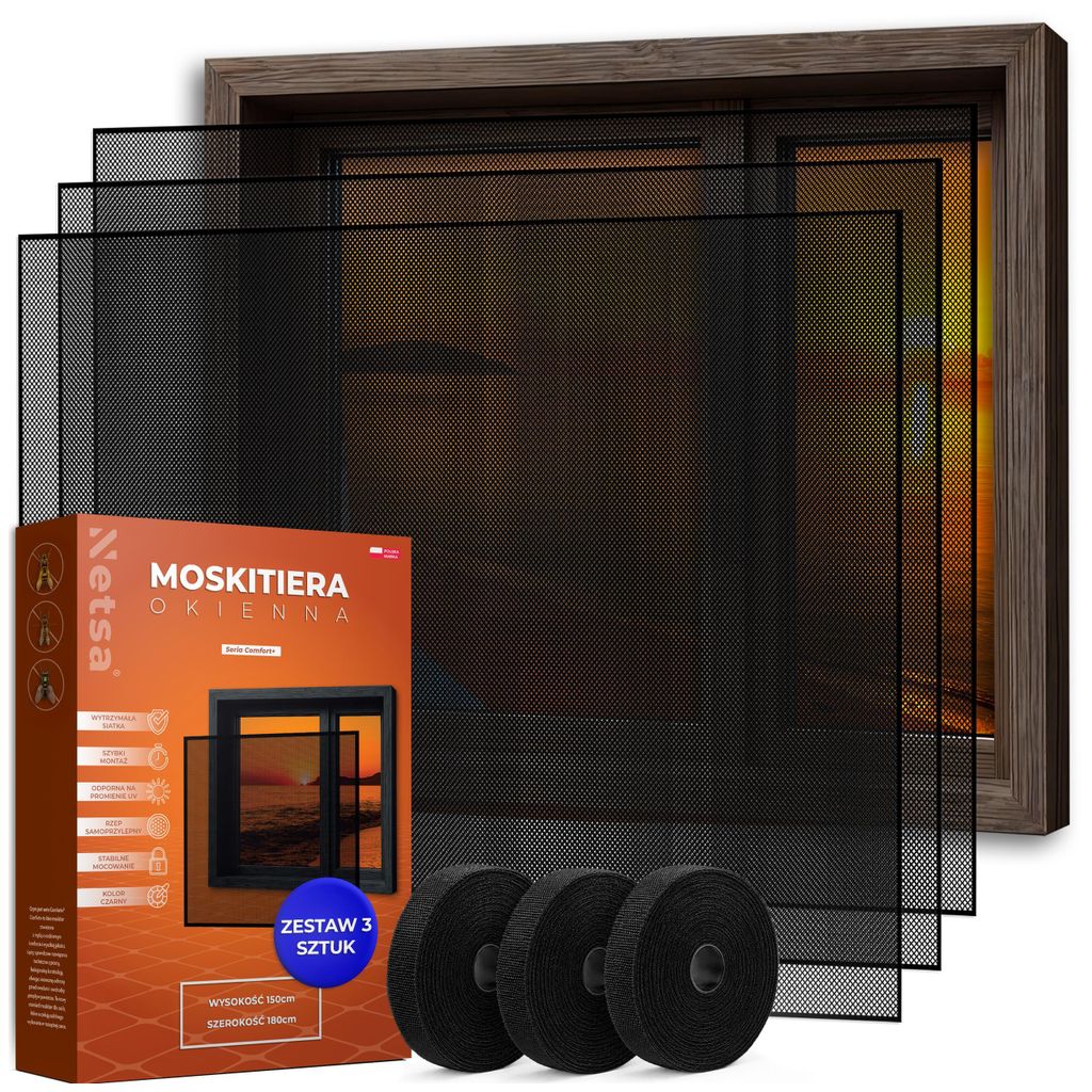 Netsa | 3er Set Fenster Moskitonetz 150x180 cm Schwarz – Produktbild 