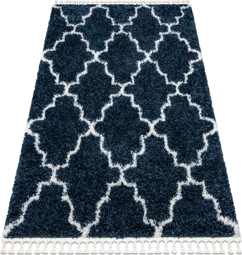 Grand tapis bleu à motifs trèfle avec franges pour déco ethnique chic