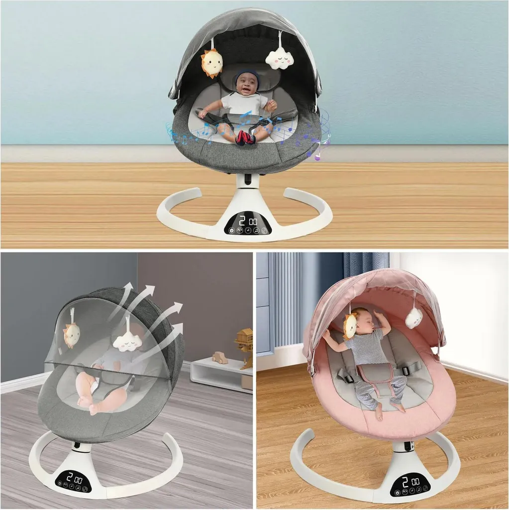 Balançoire bébé avec 5 vitesses et minuterie - Transat rose avec télécommande - 3