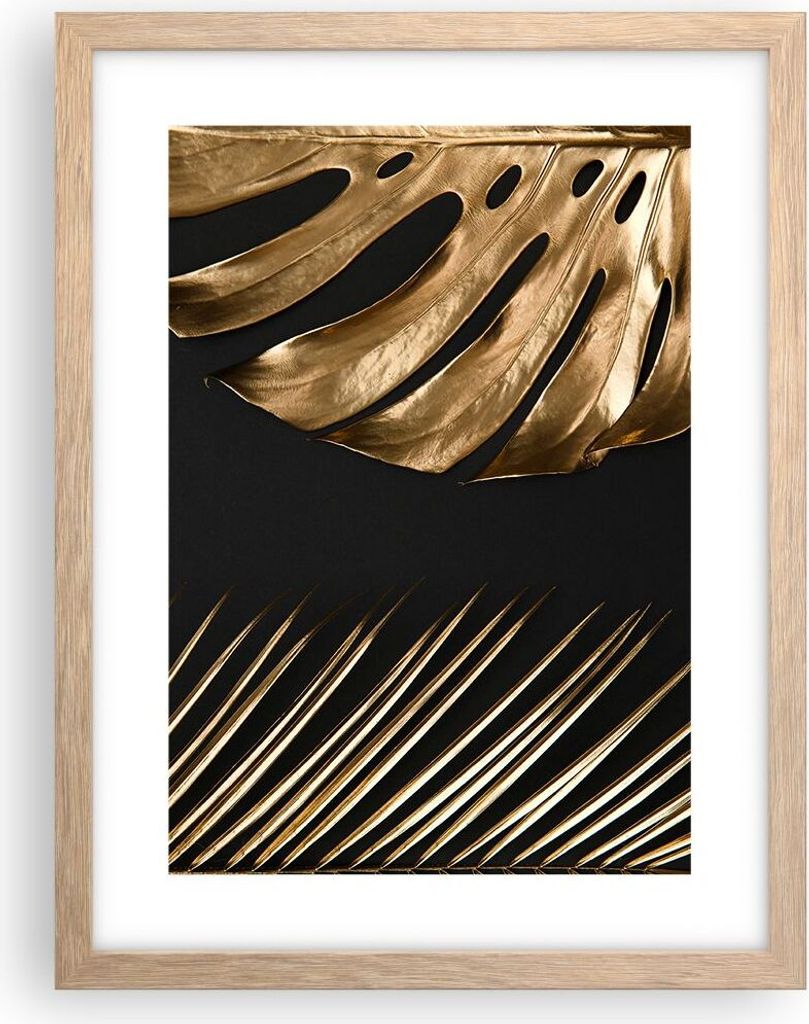 Gerahmtes Poster - Rahmen in heller Eiche - Golden Blatt Monstera - 30x40 cm - Wand Bild - Wanddeko - Wandbilder - Kunstposter - Wandposter - Bilde...