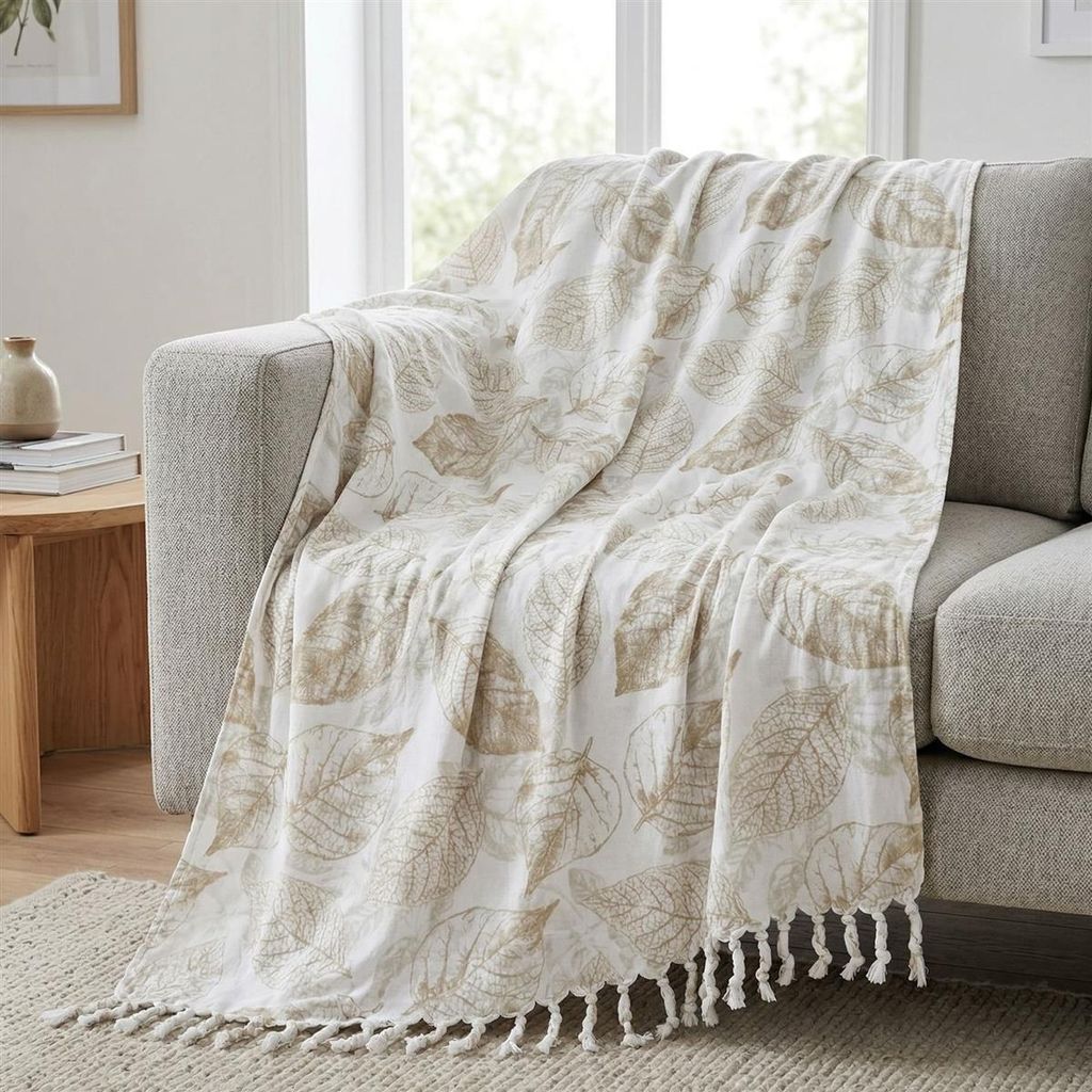 Kuscheldecke "Blätter" extra weich, 140x200 cm, weiß, Flanell Decke, Sofadecke mit Fransen, Couchdecke, Wohndecke