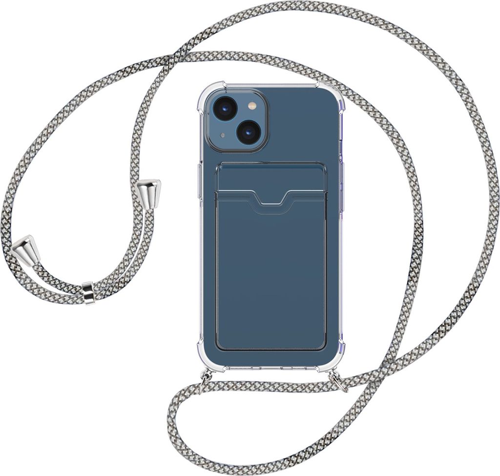 Handykette Backcover-Schutzhülle mit Band (Metall silberfarben) für Apple iPhone 15 - weiß/grau kariert