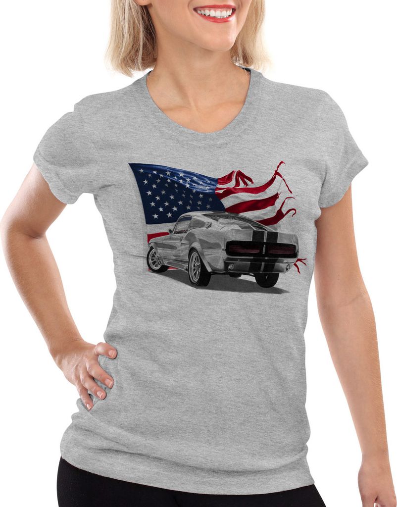 style3 Stars and Stripes Muscle Car Damen T-Shirt eleanor mustang, Farbe:Grau meliert, Größe:2XL