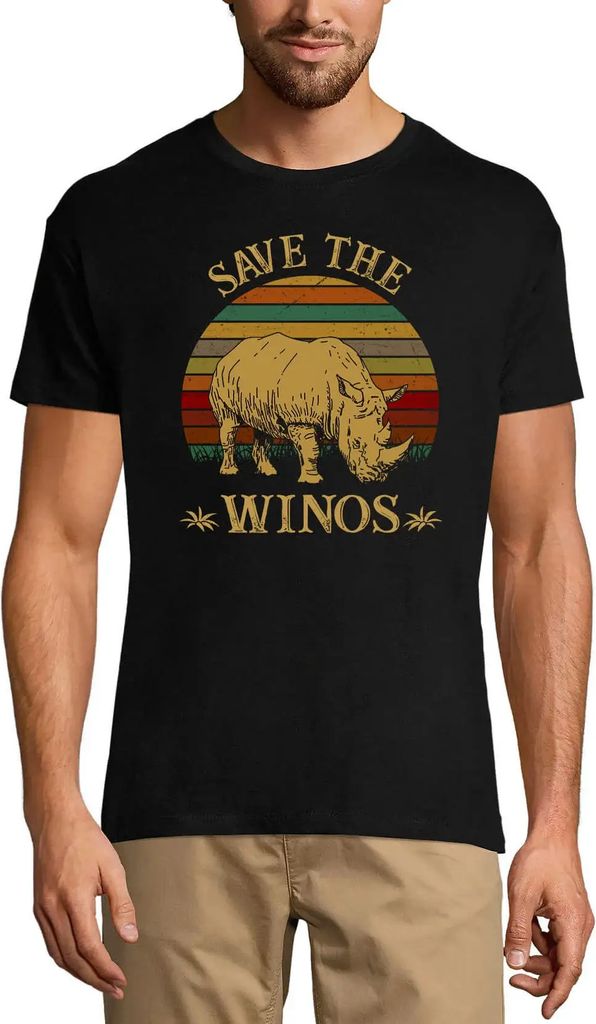Herren Grafik T-Shirt Retro Save The Winos Rhinos Wine Öko-Verantwortlich Vintage Jahrgang Kurzarm Lustige Druck Geburtstag Geschenk Mann