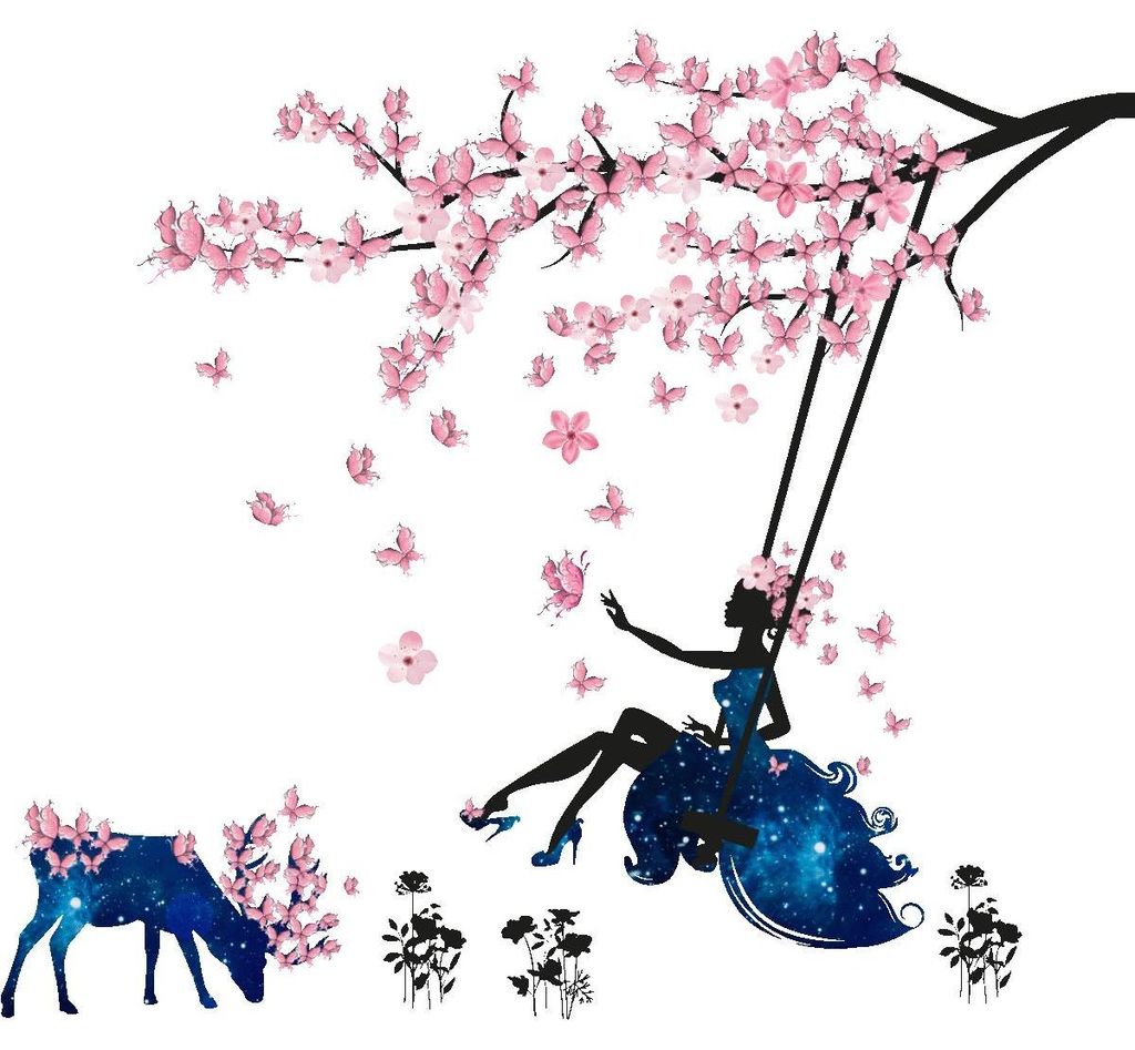 Wandaufkleber – Baum, Schmetterlinge und Schaukel – Transparenter Hintergrund – 60 x 90 cm