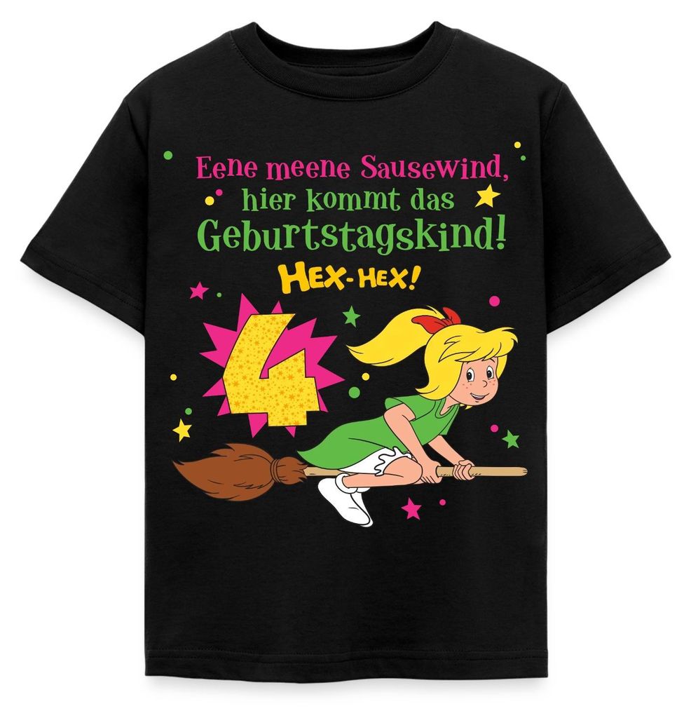 Spreadshirt Bibi Blocksberg Geburtstagsdesign 4 Jahre Kinder T-Shirt, 122/128 (7-8 Jahre), Schwarz