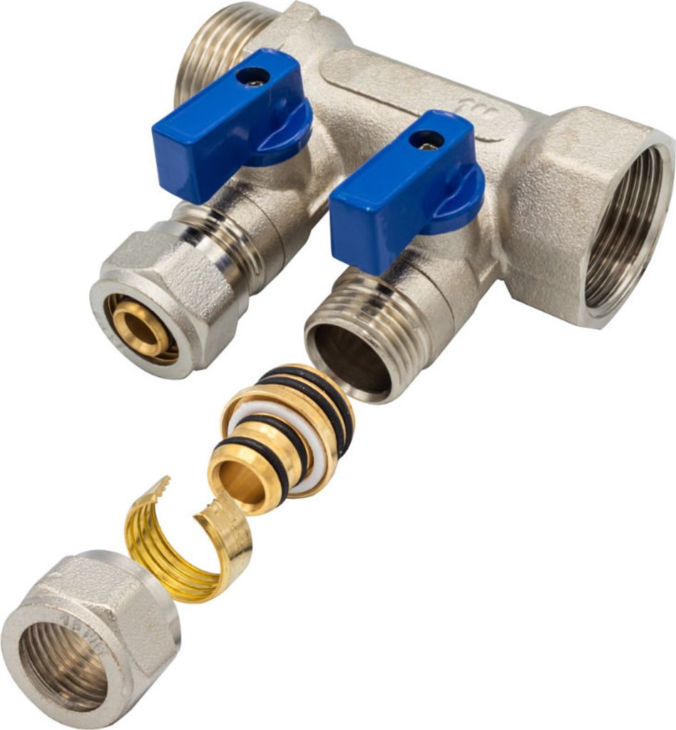 Belrad Heizkreisverteiler 1 Zoll aus Messing – Verteiler mit 2 Abgängen & Kugelhahn Blau MF-1” 2 x 16 – Wasserverteiler für Heizung & Sanitär