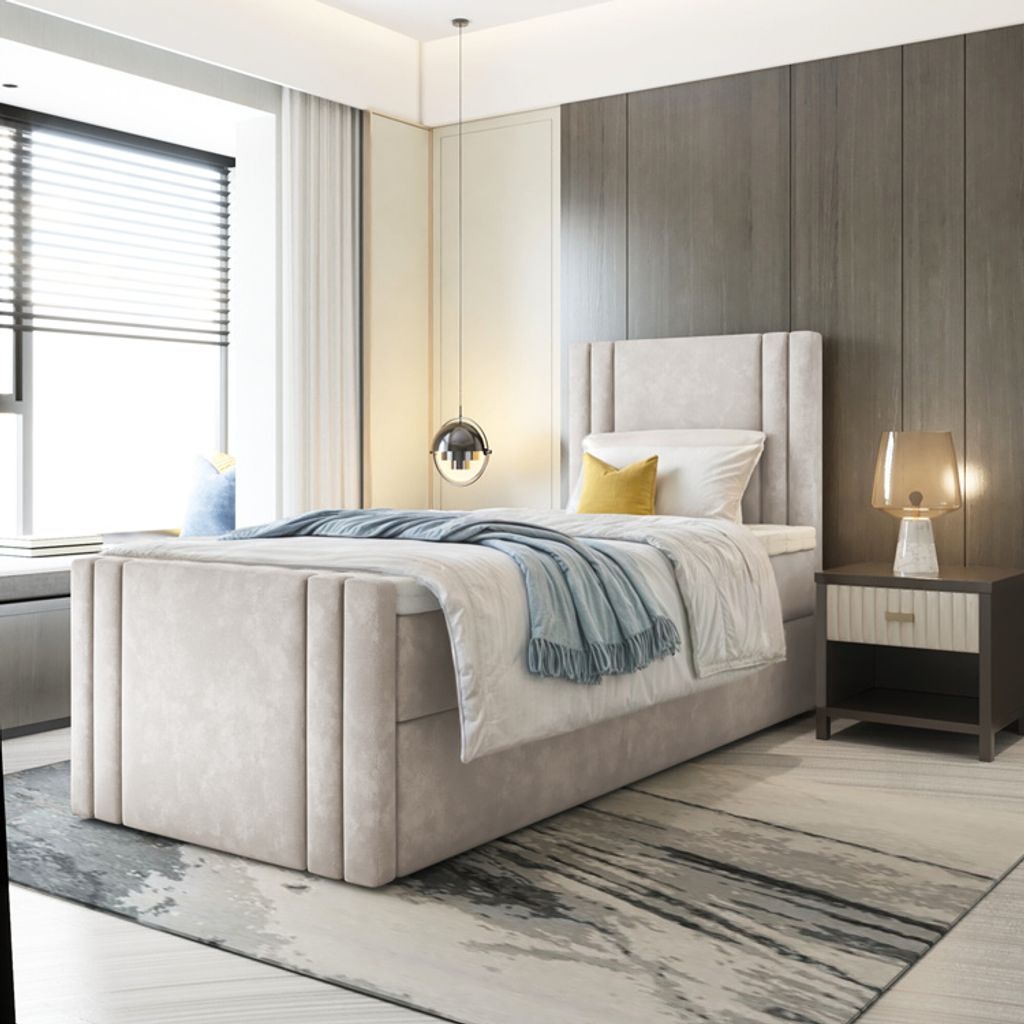 Bett Boxspringbett BEST MINI mit Fußteil, TOPPER T25, Bettkästen - Einzelbett, Stauraum, Schlafzimmer,Polsterbett (90x200, Beige - ITAKA 46)