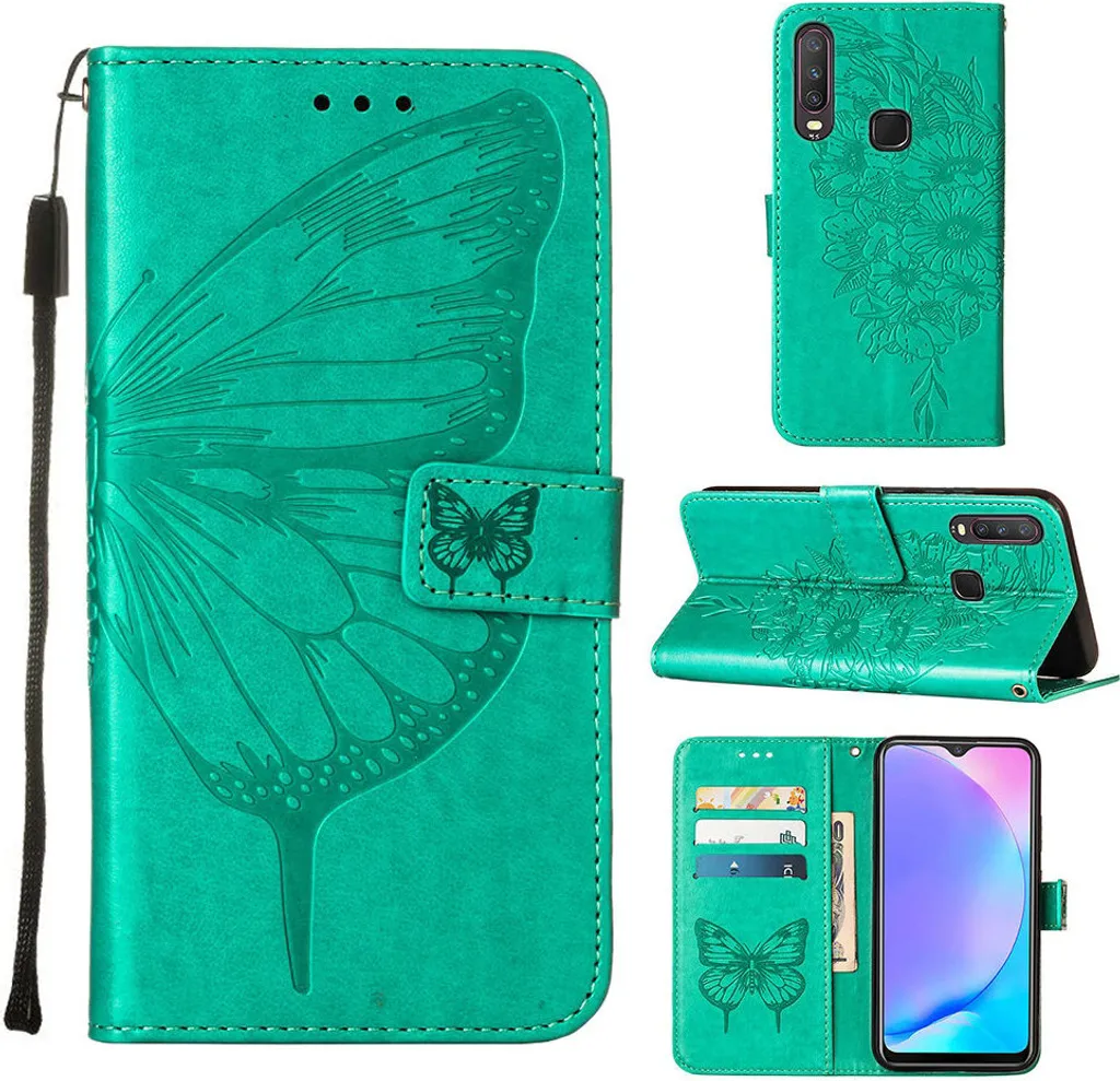 vivo Y17 Custodia, Farfalla Rilievo Flip Custodia in pelle con slot per schede e stand per vivo Y17 / Y15 / Y12 / U10 / Y11 / Y3 verde