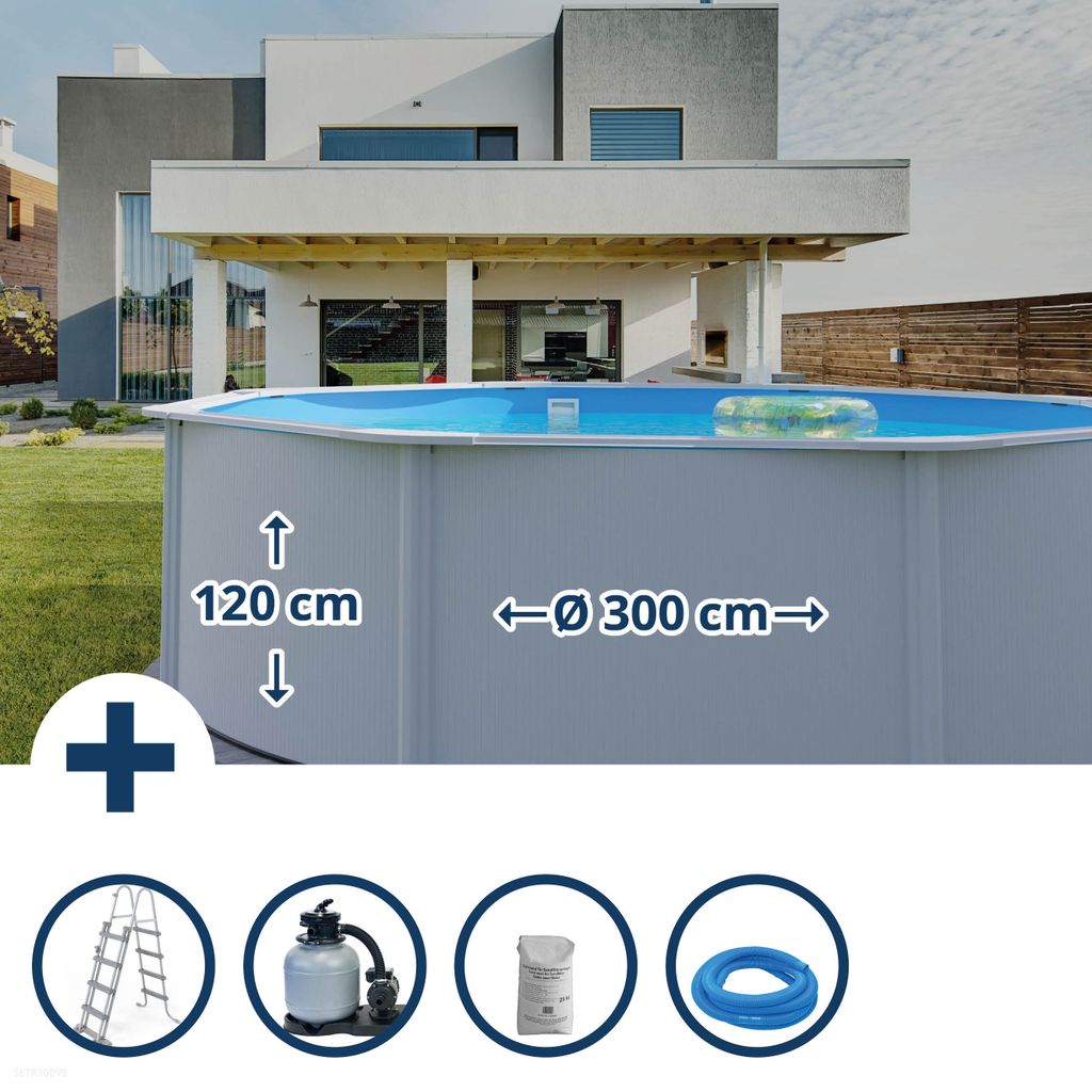 Stahlwandpool Set rund 300x120 cm, Stahl 0,45 mm weiß, Produktbild 