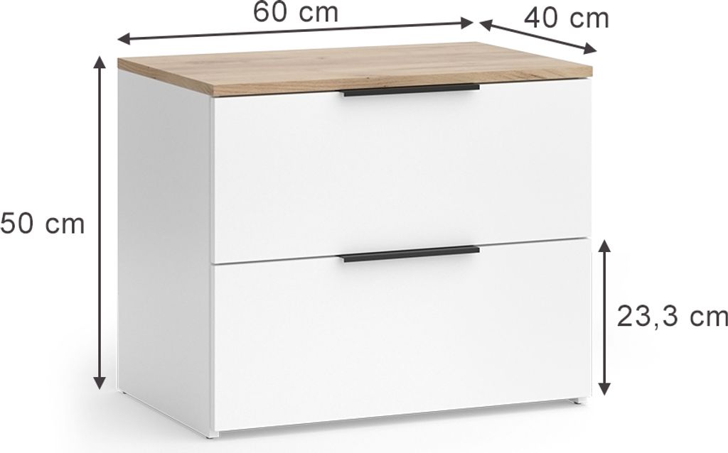 Cassettiera Wido Vicco - 60x50x40 Cm, Bianco/top Rovere Sonoma, 2 Cassetti, Per Camera Da Letto O Soggiorno