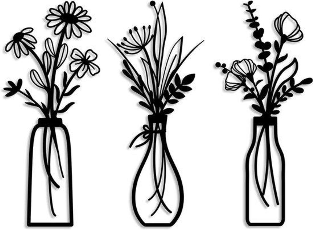 Set aus 3 schwarzen Wandvazen - Geometrische Blumensilhouetten für moderne Wanddekoration