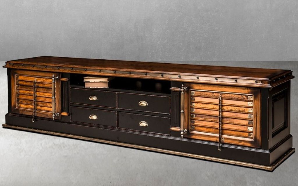 Casa Padrino Luxus Vintage Stil TV Schrank Braun / Naturfarben / Schwarz 255 x 48,5 x H. 61 cm - Vintage Stil Sideboard mit 2 Türen und 4 Schublad...