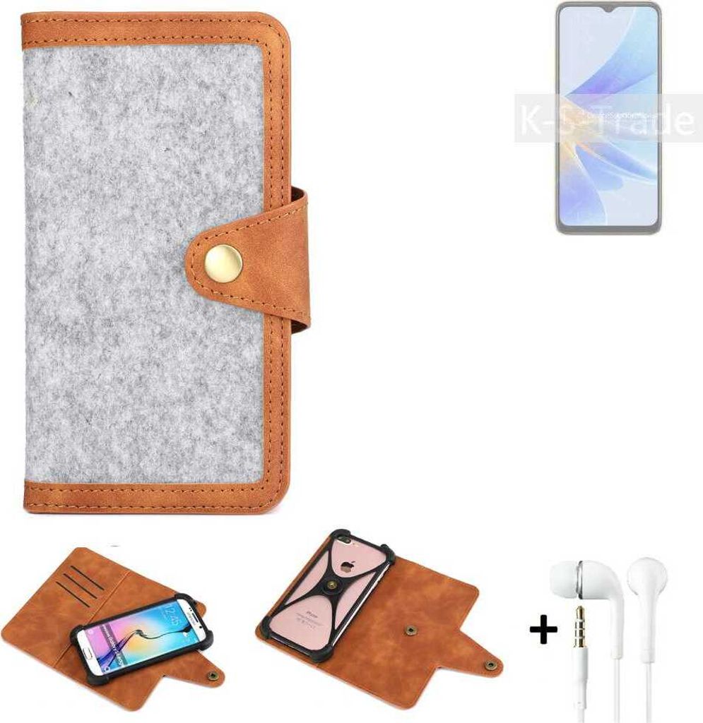 K-S-Trade Handyhülle + Kopfhörer kompatibel mit Oppo A17k Schutzhülle Filz Hülle Kunstleder hellgrau braun (1x)