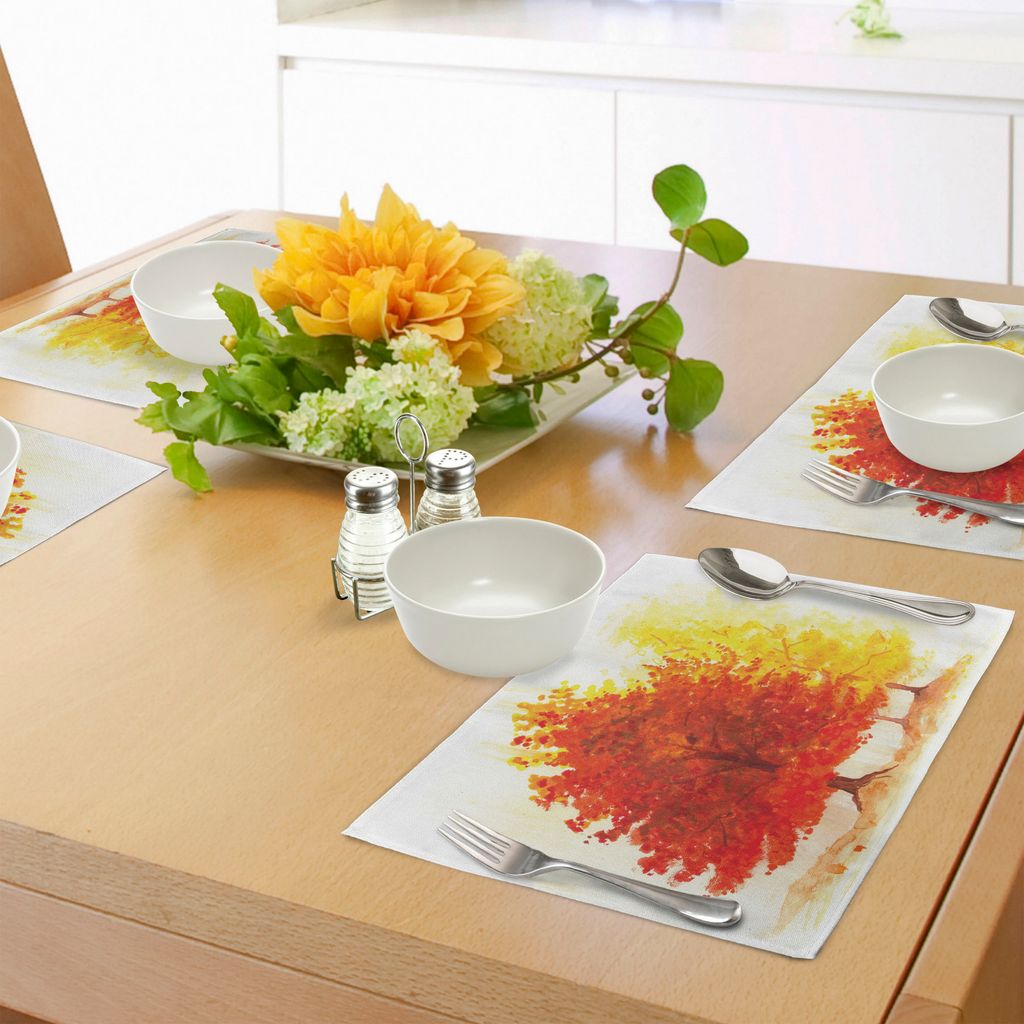 ABAKUHAUS Blätter Platzmatten, Zwei Verschiedene Herbst Baum in ausgeprägter Farbe in Aquarelle Design Woodland Boho, Tiscjdeco aus Farbfesten St...
