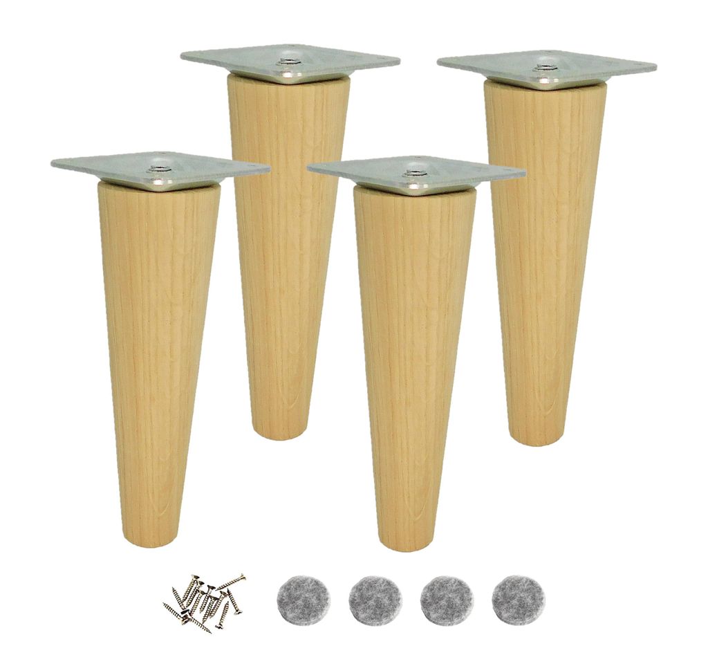 4x Möbelfuß aus Eiche – konisch, roh, 15 cm – mit M8-Schraube & Montageplatte