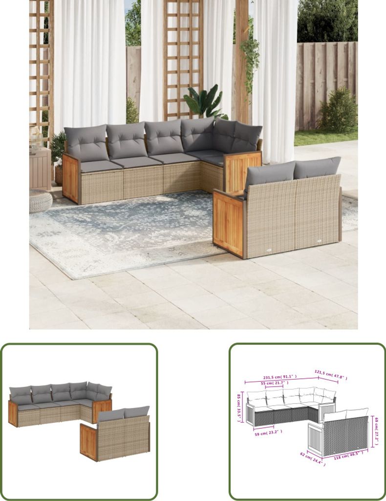 The Living Store 7-tlg. Garten-Sofagarnitur mit Kissen Beige Poly Rattan