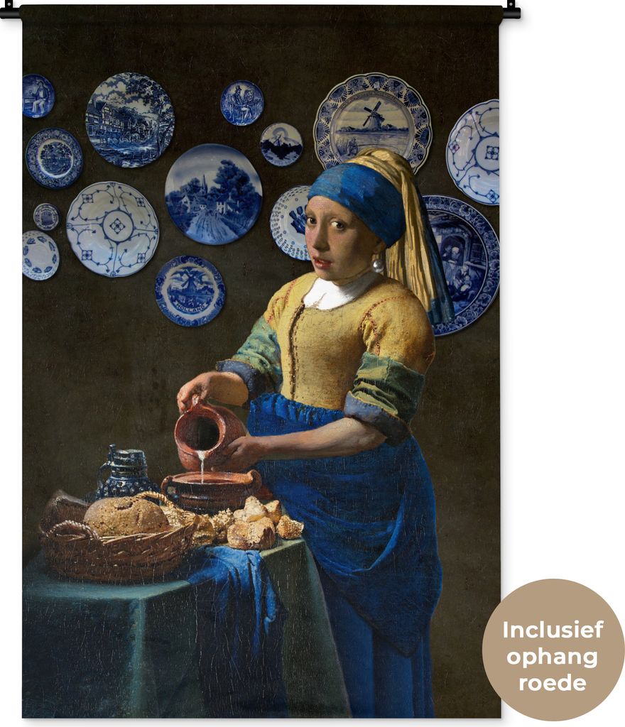 MuchoWow Wandteppich Wandbehang Das Mädchen mit dem Perlenohrring - Milchmädchen - Vermeer 90x135 cm Tapisserie Dekoration Wandtuch - Baumwolle...