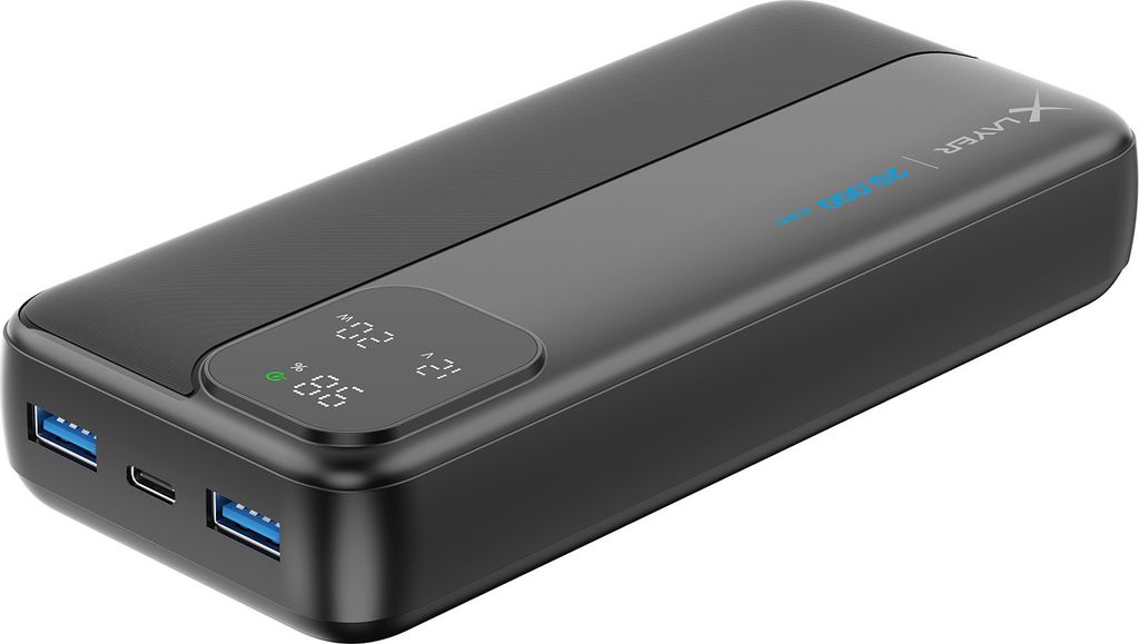 A black power bank is shown on a white background.
