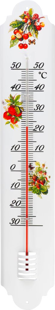 A thermometer with decorative fruit illustrations.