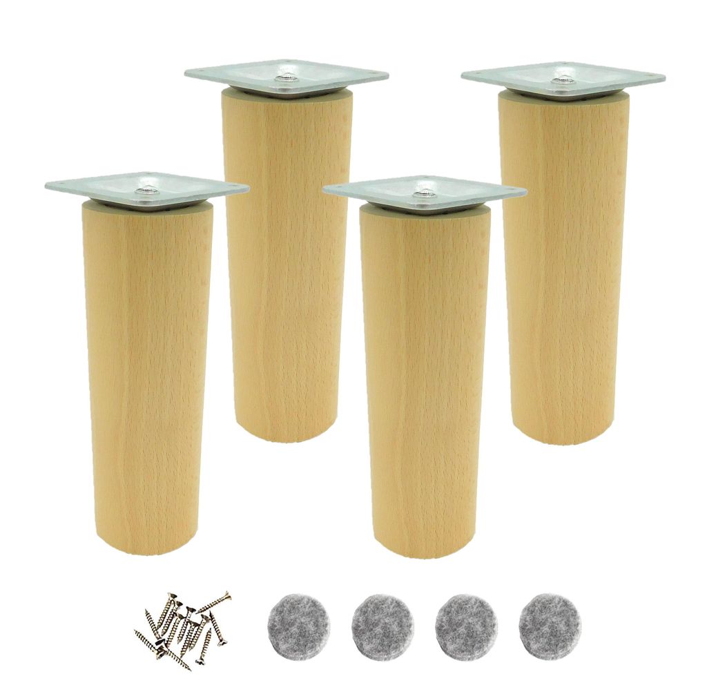 Möbel Füsse Holz Walze Ø40mm 18cm, 4-teilig Set mit Montagezubehör, klar lackiert