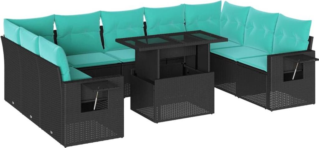 vidaXL 10-teiliges Gartensofa-Set mit Kissen, schwarzes Polyrattan