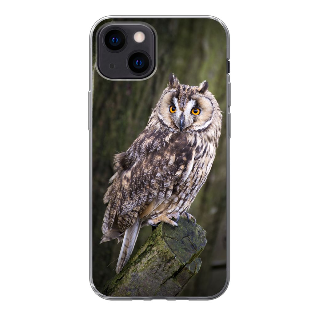 MuchoWow Handyhülle Schutzhülle Hülle für iPhone 13 mini Eule - Nahaufnahme - Baum Silikon Softcase Handy Hülle - Softcase