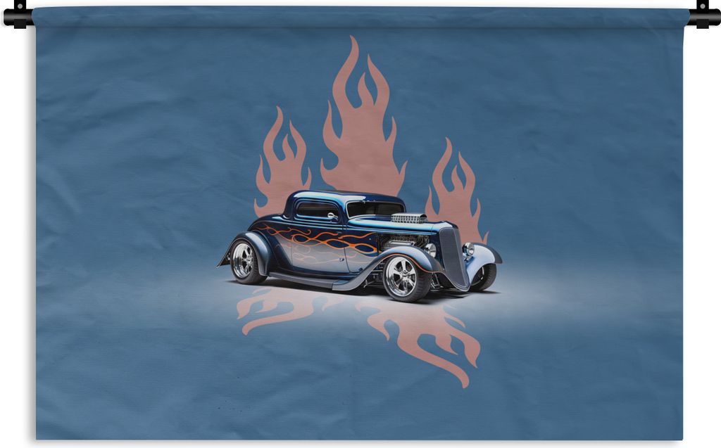 MuchoWow Wandteppich Wandbehang Auto - Blau - Flammen - Vintage 90x60 cm Tapisserie Dekoration Wandtuch - Wandskulpturen - Bildteppich