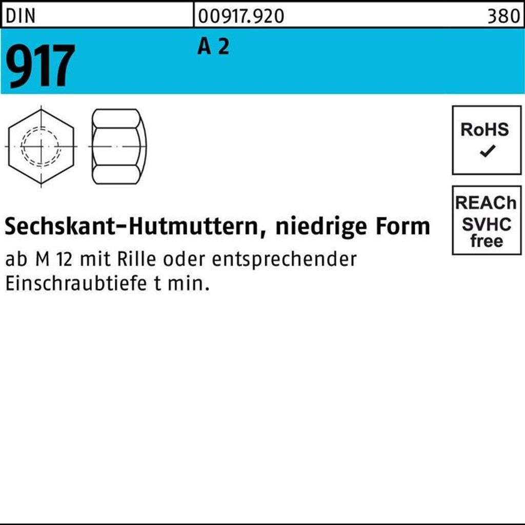 Reyher  Sechskant-Hutmuttern DIN 917 A 1 / A 2 M 6 A 1/A 2 Produktbild 