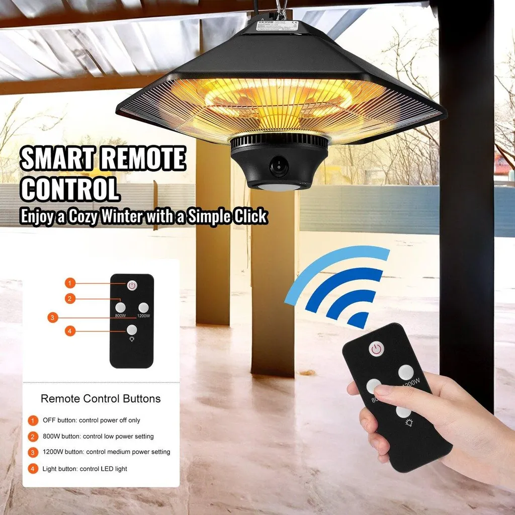Chauffage électrique suspendu terrasse 2000W avec télécommande noire