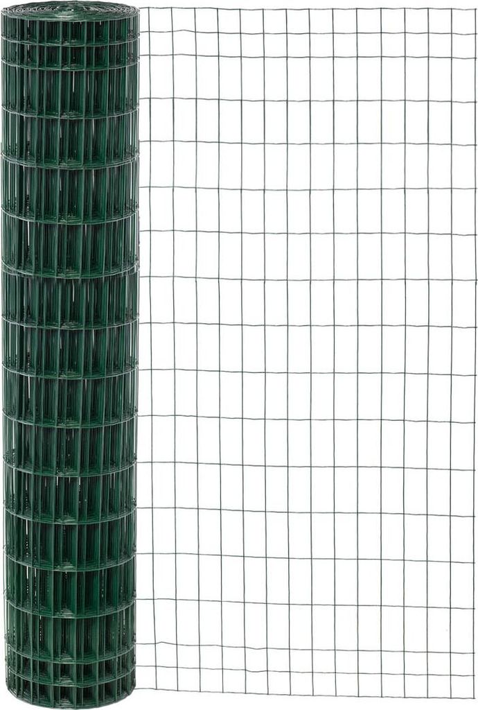 A roll of green wire mesh fencing is shown, partially unrolled.