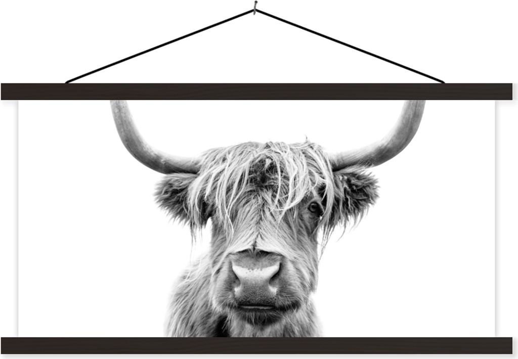 MuchoWow Textilposter Schottisches Hochlandrind - Stier - Tiere - Schwarz - Weiß 90x45 cm mit schwarzem Rahmen - Klemmleisten