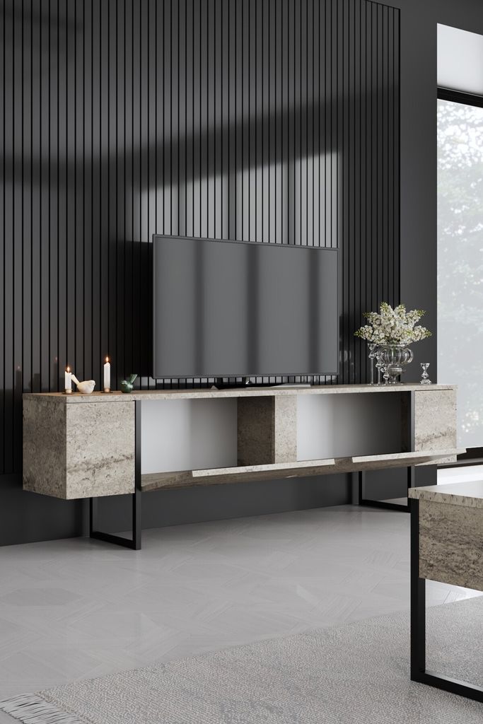 Skye Decor, Luxe Set - Travertine, Black, Wohnzimmer, Wohnzimmermöbel-Set, Travertin, 180 x 47 x 30 cm