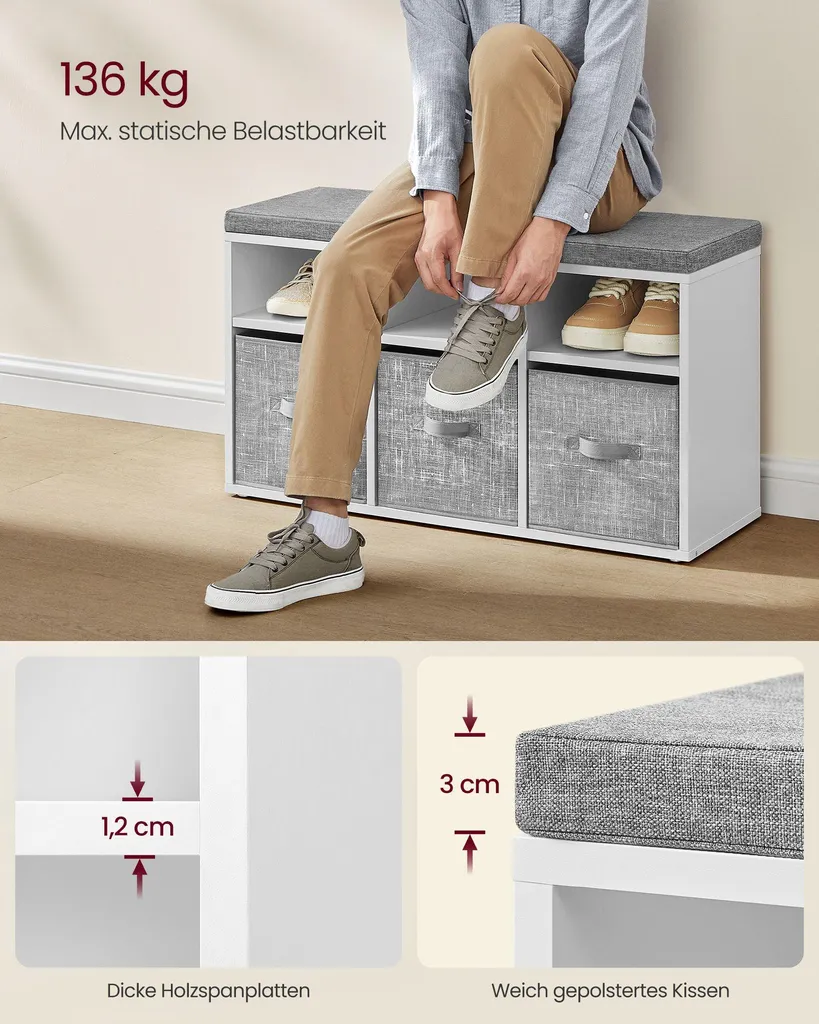Rangement chaussures pour entrée avec banc d'assise 6 compartiments