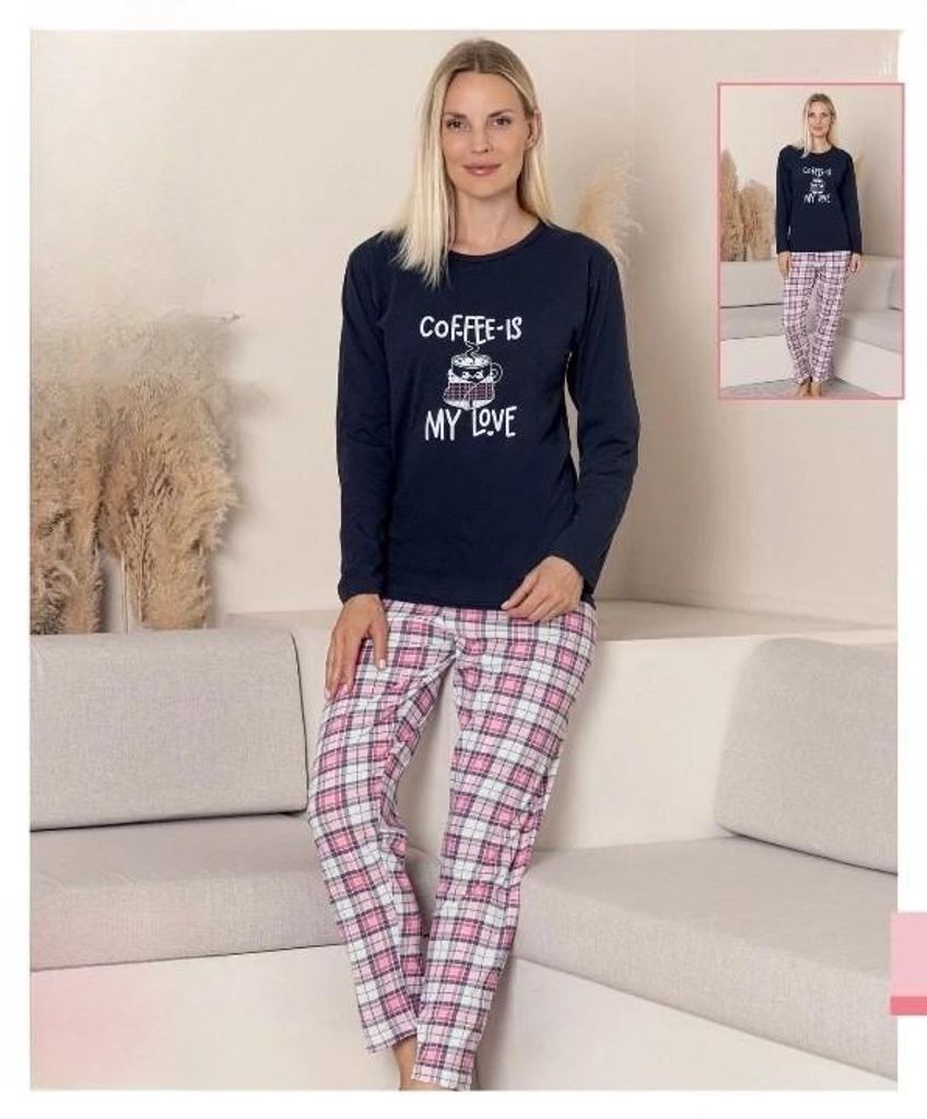 Damen Pyjama Schlafanzug Marineblau XL Lang 2-Teiler Set Produktbild 