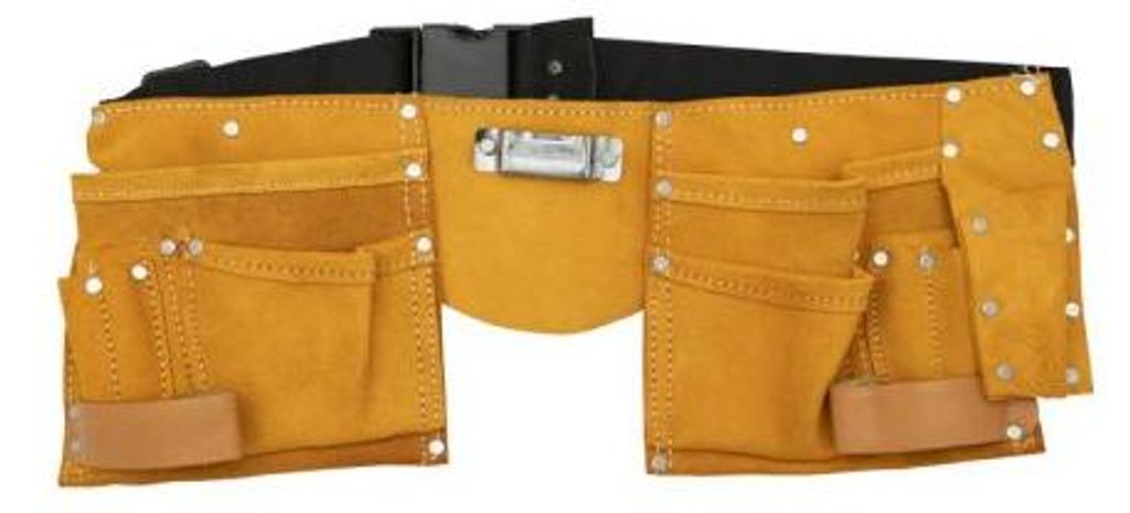 Leder Werkzeuggürtel mit zwei 300x200mm Beuteln, 50mm breitem Gürtel, 11 Fächern, 2 Hammerschlaufen und Zangenholster