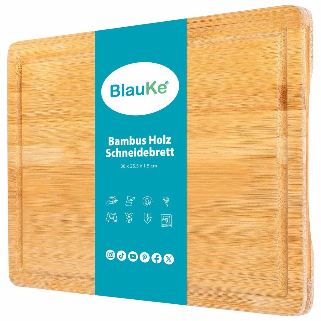 BlauKe Schneidebrett aus Holz mit Saftrille (38x25cm) – Bambus Küchenbrett, Servierplatte für Fleisch, Käse, Gemüse, Wurst – Holzbrett f...