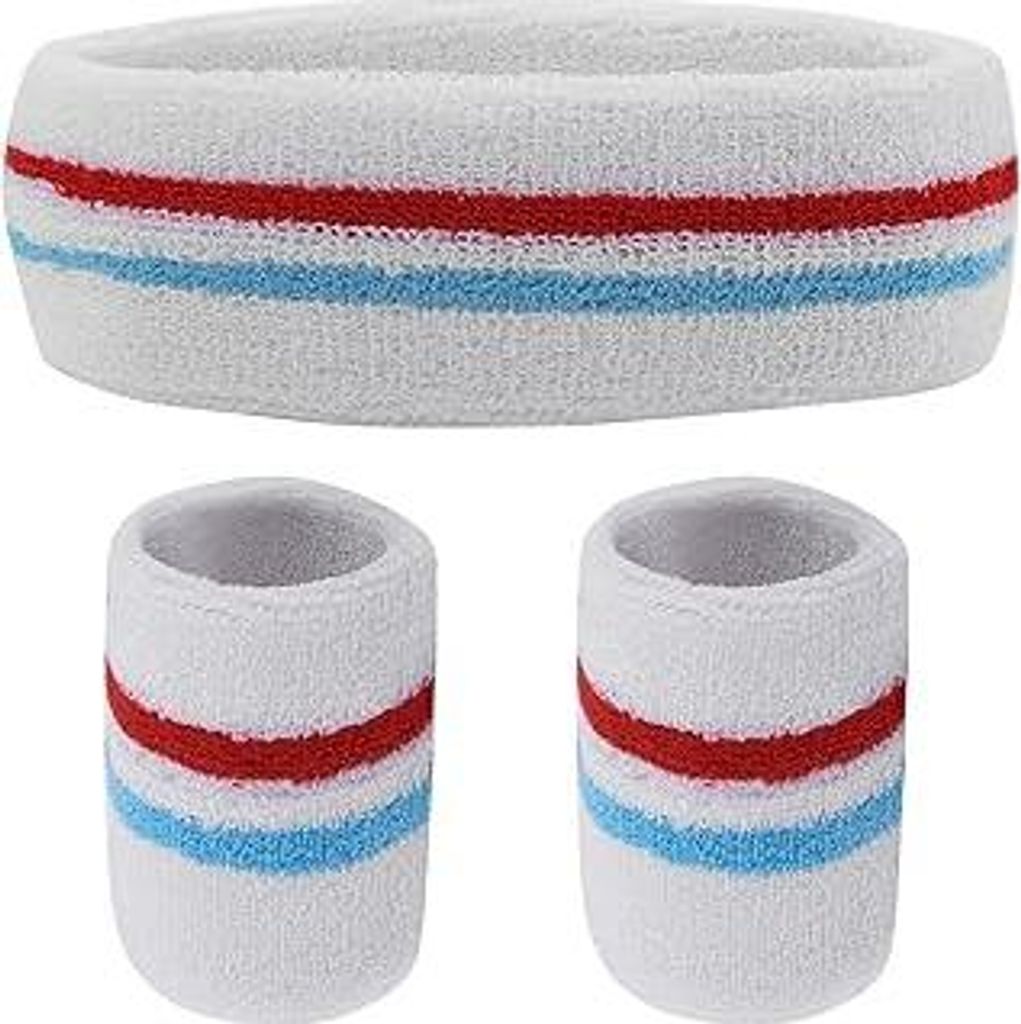 Yolev Gestreiftes Schweißband-Set Sport-Stirnband Armband (1 Stirnband und 2 Armbänder) Set Schweißbänder für sportliche Männer und Frauen