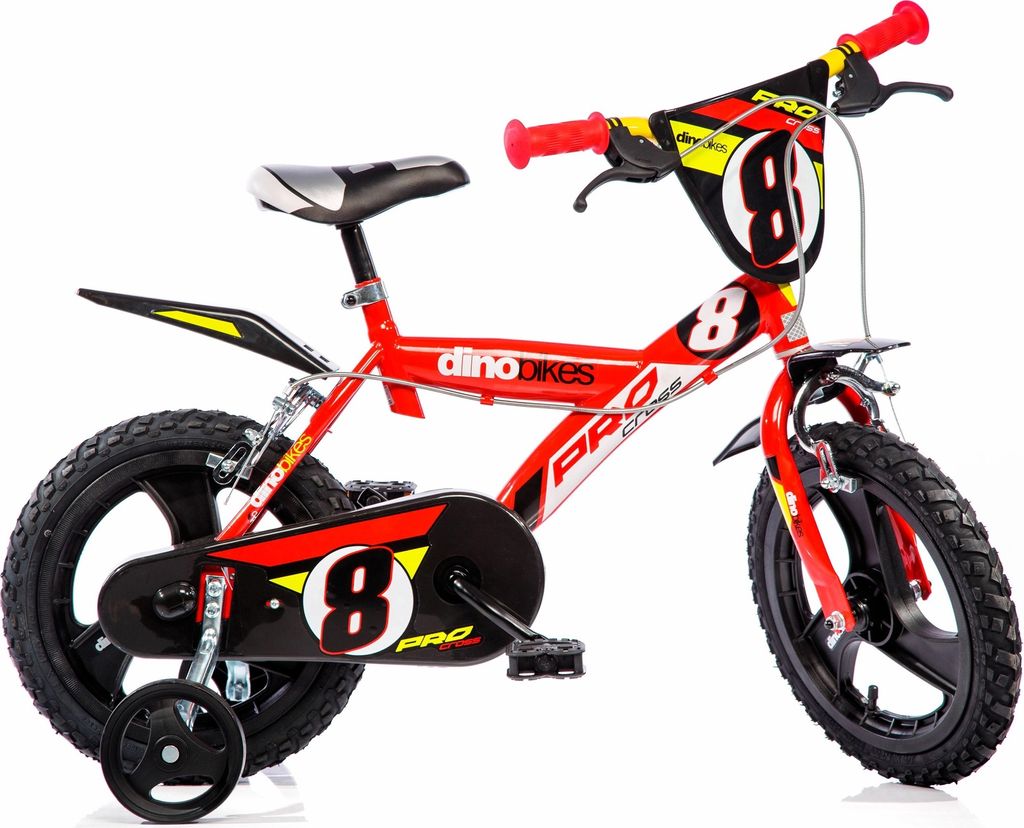 A red and black children's bicycle with training wheels, displayed against a white background.