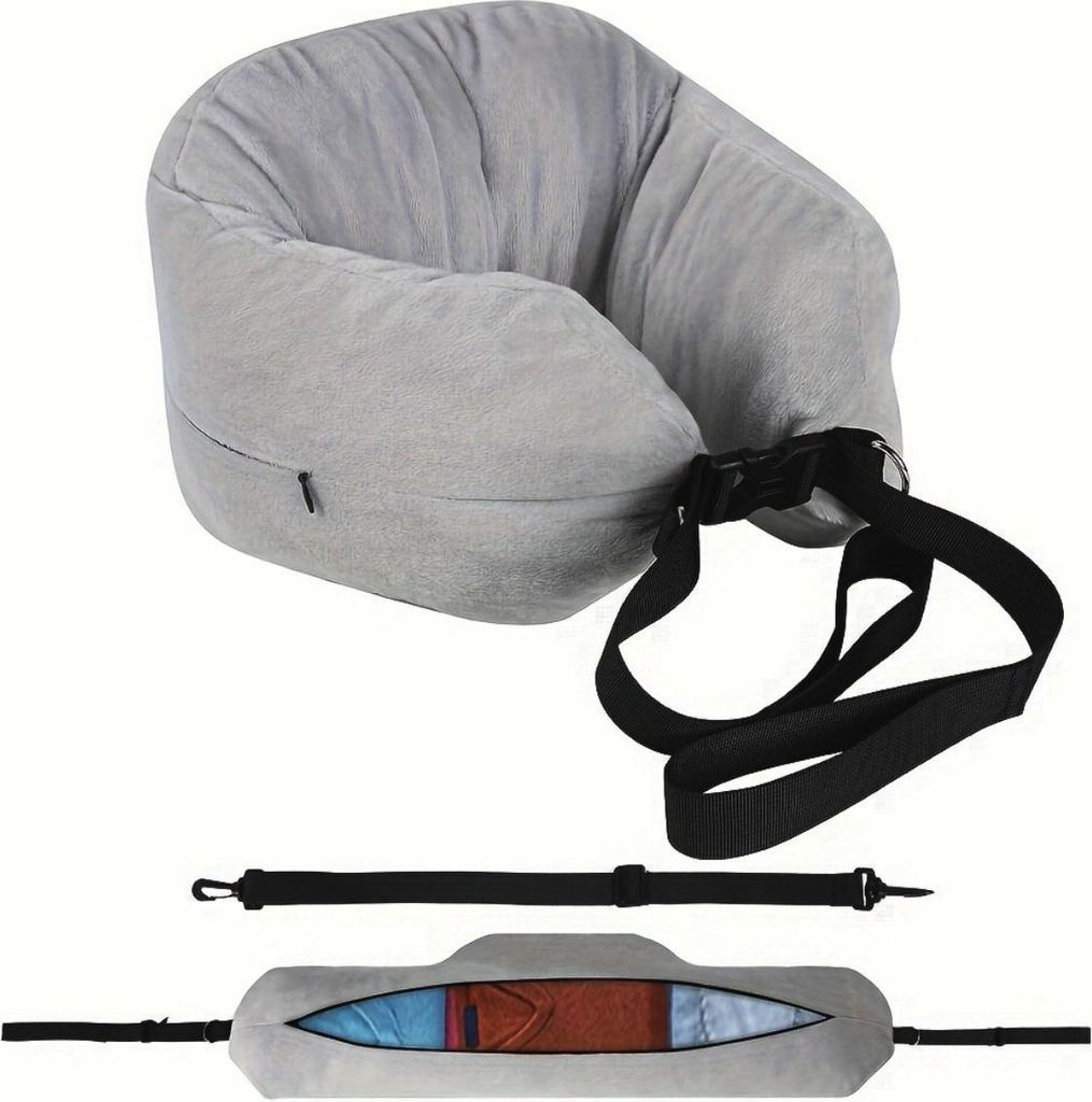 INF Verstellbares Reisekissen mit Stauraum Memory Foam U-förmig Nackenstütze Grau