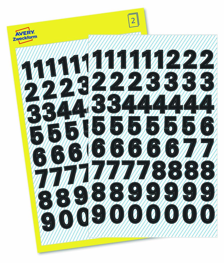 Sheets of black number stickers on a light blue striped background, with a yellow Avery Zweckform backing sheet.