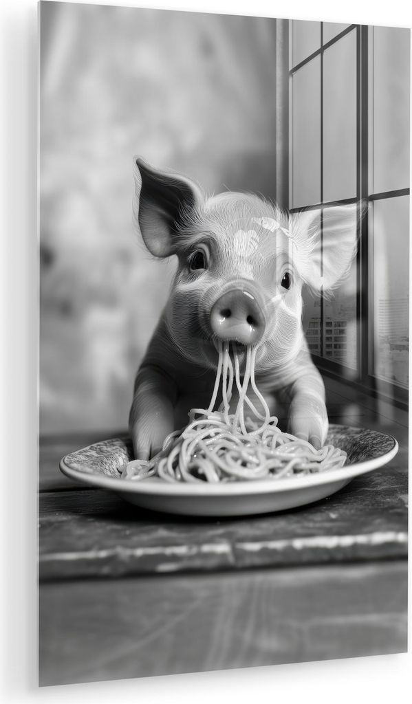 MuchoWow Glasbilder - Bilder auf Wandbild - Foto auf Glas Schwein - Niedlich - Spaghetti - Schwarz und weiß - Tier 80x120 cm Wanddekoration aus Gl...