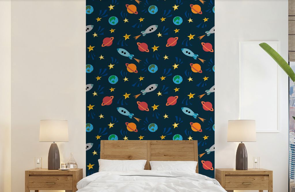 MuchoWow Fototapete für Wohnzimmer oder Schlafzimmer Wandtapete Vinyl Motivtapete Muster - Erde - Weltraum - Rakete - Jungen - Kinder - Kinder -...