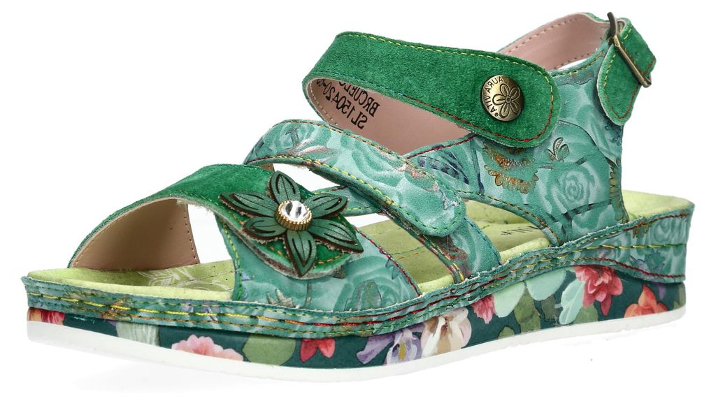 Laura Vita Damen Sandale drei Riemen aus Leder mit Blumenmuster Brcuelo 06, Größe:40 EU, Farbe:Grün