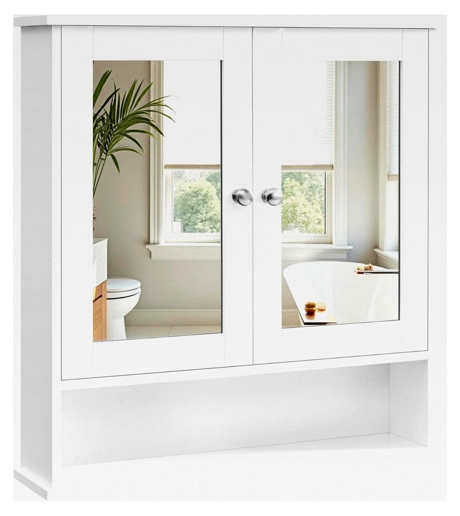 Spiegelschrank mit 2 Spiegeltüren und offenem Fach, verstellbare Ablage, Wandmontage, 13 x 56,5 x 58,5 cm, Weiß