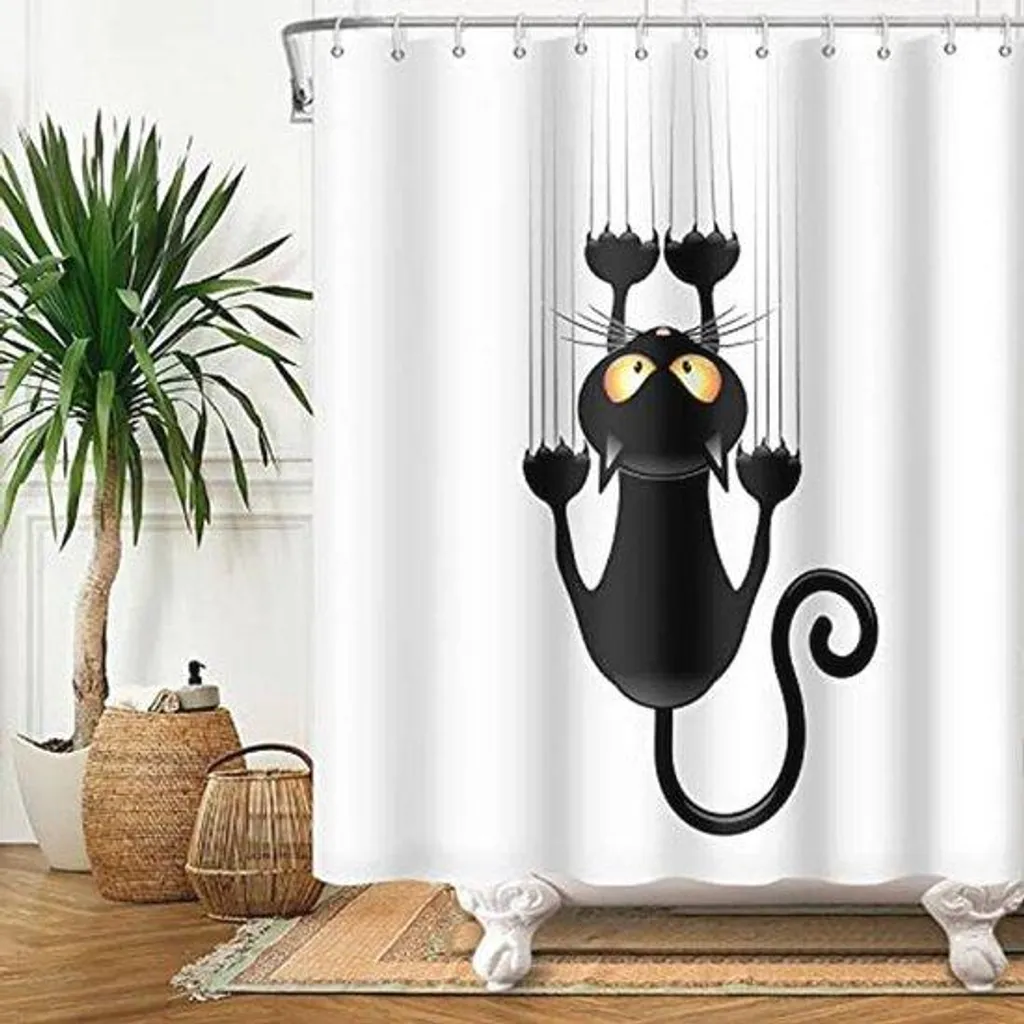 Rideau de baignoire décoratif chat noir avec motifs pattes 180x180cm