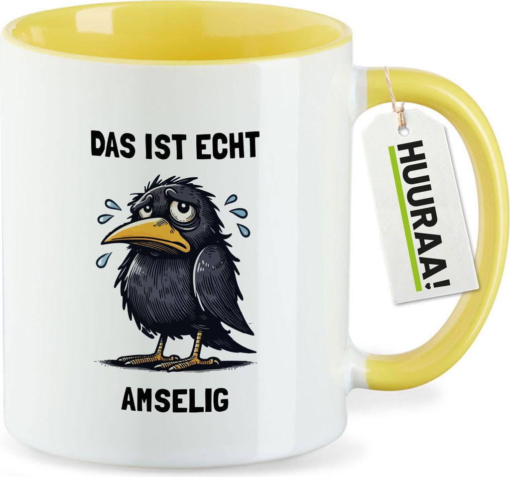Huuraa Kaffeetasse Das ist echt Amselig Amsel Meme 330ml Gelb Keramik Kaffeebecher Geschenkidee