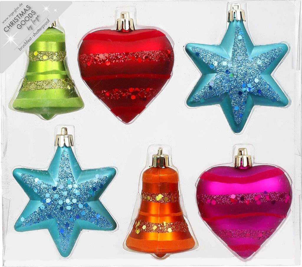 Weihnachtskugeln Formen dekoriert Kunststoff 9cm 6er Set - Produktbild 